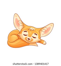 Sleeping cartoon fennec fox. Cute kawaii  character. Funny emotion and face expression. Isolated on white background