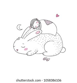 A sleeping cartoon girl and a rabbit. Sweet Dreams. Good night. Time to sleep. Cute animals.