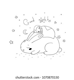 A sleeping cartoon girl and a rabbit. Sweet Dreams. Good night. Time to sleep. Cute animals.