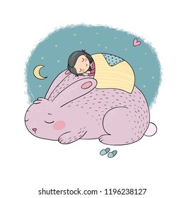 Sleeping cartoon girl and a rabbit. Sweet Dreams. Good night. Time to sleep. Cute animals.