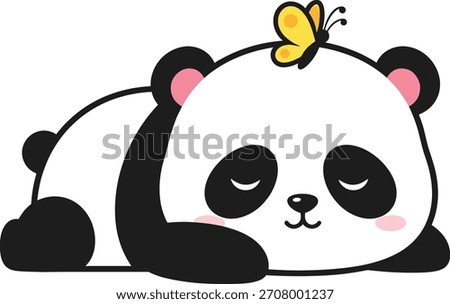 Sleeping cartoon panda with butterfly on head, peaceful black and white animal illustration, cute vector art for children’s content