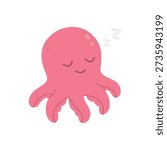 Sleeping cartoon pink octopus with peaceful face. Cute underwater animal in calm resting pose, flat vector illustration.