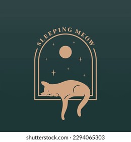 Sleeping cat abstract vector logo template. Laying cat silhouette on the night arch window with moon and stars in the sky background. Isolated