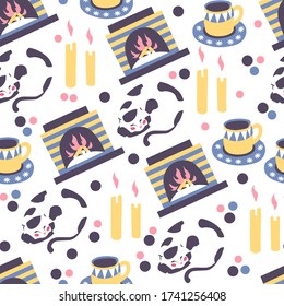 Sleeping cat and aromatic candles, fireplace and cup of tea or coffee seamless pattern. Comfort of home, living at house, warmth of flames. Relaxing atmosphere and rest, vector in flat style