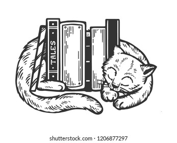 Sleeping cat around books engraving vector illustration. Scratch board style imitation. Black and white hand drawn image.