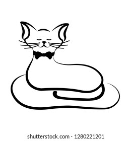  Sleeping cat in black outline on white background.