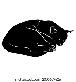 Sleeping cat. Black and white negative silhouette.