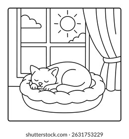 Sleeping Cat by the Window on a Sunny Day - Line Art Illustration
