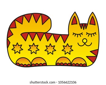 A sleeping cat is a cartoon picture. Bright solar colors