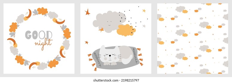 Sleeping cat cartoon vector illustration set with good night text and moon with clouds. Cute kitty paintings collection for postcards and decoration