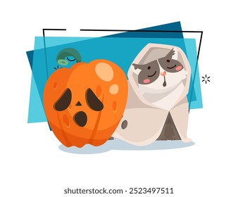 Sleeping cat character in blanket and scary pumpkin lantern on abstract background. Halloween holiday, pet, party, decoration concept. Vector illustration can be used for banner or invitation design