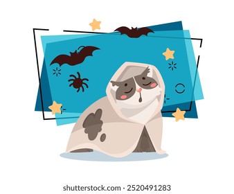 Sleeping cat character in blanket vector illustration. Spider, flying bats and stars on background. Halloween, pet, dream concept. Can be used for banner, poster or invitation design