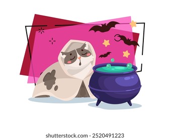 Sleeping cat character brewing potion in cauldron vector illustration. Flying bats and stars on background. Halloween, pet, magic concept. Can be used for banner, poster or invitation design