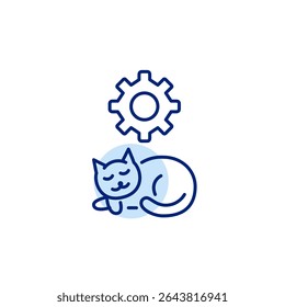 Sleeping cat and cogwheel. Automated pet care, smart pet monitoring, restful mode settings, sleep tracking configuration, pet environment control. Pixel perfect, editable stroke vector icon