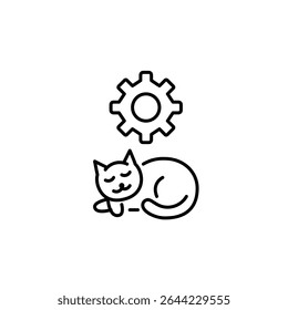 Sleeping cat and cogwheel. Automated pet care, smart pet monitoring, restful mode settings, sleep tracking configuration, pet environment control. Pixel perfect, editable stroke vector icon