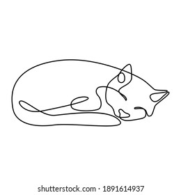 Sleeping Cat in continuous one line art style. Cat with curled tail. Kitten drawing using single one line drawing. Isolated on white background. Hand drawn minimalism style vector illustration