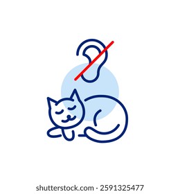 Sleeping cat and crossed ear symbol. Quiet mode, silent appliances operation. Do not disturb relax and rest area. Pixel perfect, editable stroke vector icon