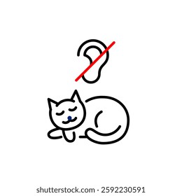 Sleeping cat and crossed ear symbol. Quiet mode, silent appliances operation. Do not disturb relax and rest area. Pixel perfect, editable stroke vector icon