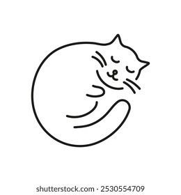 Sleeping Cat Curled Up Line Icon. Peaceful Pet Rest and Calm Night Outline Symbol. Cozy and Peaceful Feline Nap. Editable Stroke. Isolated Vector Illustration.