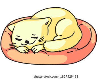 Sleeping cat. Cute tired fuzzy cat mascot day dreaming, sleeping on cozy soft pillow isolated on white background. Lazy pussycat vector illustration