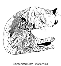 Sleeping cat, decorated with ornaments