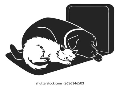 Sleeping cat and dog vector illustration in black and white with transparency for design use