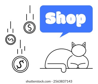 Sleeping cat with dollar coins falling from the top left and a blue speech bubble containing the word Shop. Ideal for online shopping pet-related businesses e-commerce financial themes advertising