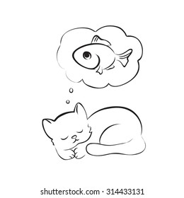 sleeping cat dreaming about fish sketch vector black white
