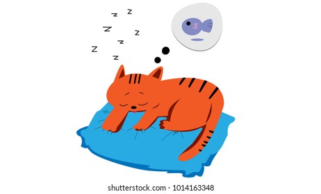 Sleeping cat dreams about its love fish.Animal vector illustration concept.