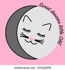 Sleeping cat face, smiling cat cartoon vector illustration, Crescent moon