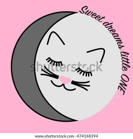Sleeping cat face, smiling cat cartoon vector illustration, Crescent moon