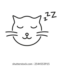 Sleeping Cat Face with ZZZ Line Icon. Peaceful Pet Rest and Relaxation Outline Symbol. Calm and Cozy Animal Nap. Editable Stroke. Isolated Vector Illustration.