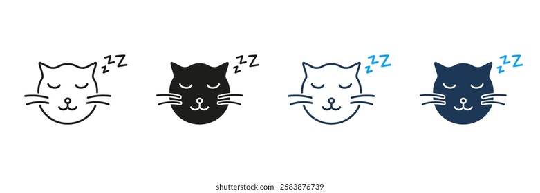 Sleeping Cat Face with ZZZ Line and Silhouette Icon Set. Peaceful Pet Rest and Relaxation Symbol. Calm and Cozy Animal Nap. Editable Stroke. Isolated Vector Illustration.