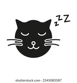 Sleeping Cat Face with ZZZ Silhouette Icon. Peaceful Pet Rest and Relaxation Glyph Symbol. Calm and Cozy Animal Nap. Isolated Vector Illustration.