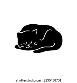 sleeping cat,  flat black silhouette vector icon illustration