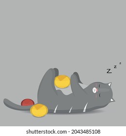 Sleeping cat. Flat style. Yarn. Clew. Cartoon. Theme for the design of notebooks. Cover. Fat pet. Cosiness. Caricature. Nice and cute style. Stock Vector illustration. Gray background. Nap. Doze. 