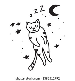 Sleeping cat. Hand drawn icon. Vector illustration for greeting card, textile t shirt, print, stickers, posters design.