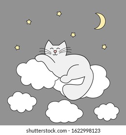 Sleeping cat having a dream. Cute cartoon kitten sleeping on a cloud. Vector illustration.