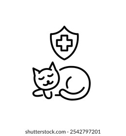 Gato durmiente y escudo de seguro de salud. Tranquilo y protegido, relajación y la garantía de protección de la salud. Icono de trazo perfecto y editable del píxel