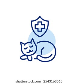 Gato durmiente y escudo de seguro de salud. Tranquilo y protegido, relajación y la garantía de protección de la salud. Icono de Vector perfecto de píxeles