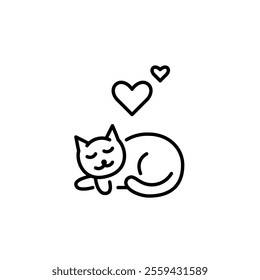 Sleeping cat with hearts. Cozy and secure comfort of home, relaxation, pet love and care. Pixel perfect vector icon