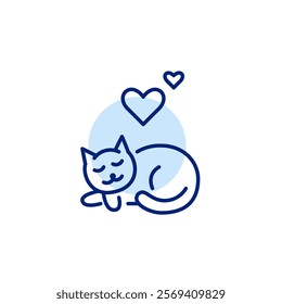 Sleeping cat with hearts. Cozy and secure comfort of home, relaxation, pet love and care. Pixel perfect, editable stroke icon