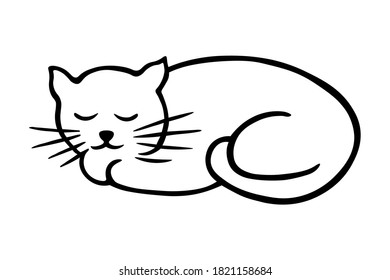 Sleeping cat in ink isolated on white background, cozy autumn. Hand drawn vector decorative element in doodle style for invitation and decoration, postcard, banner or website