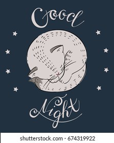 Sleeping cat isolated on a black background with lettering "Good night". Hand-drawn illustration. Vector.