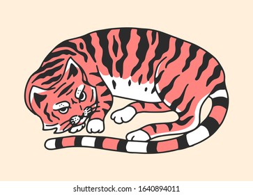 Sleeping cat or kitten. Meow power. Cute pet. Hand drawn engraved sketch for logo or label or banner or t-shirt. Monochrome Vector illustration in outline vintage doodle style.