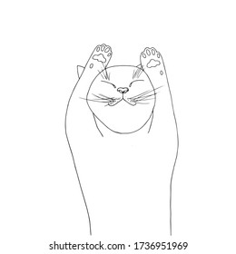 Schlafende Katze liegt auf ihrem schwarzen Rücken auf weiß. Relax Conception monochrome handgezeichnete Stock Vektor Illustration für Web, für Druck