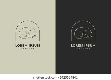 Sleeping cat line art illustration minimalist logo concept. Sleeping cat line art illustration minimalist logo concept. Vector logo template for branding companies in pet products, veterinarians, cat 