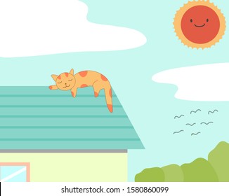 Sleeping Cat look comfortable on the roof summer fresh light blue green tone on hot summer big sun on the background and house And tree cloud birds cute cartoon style