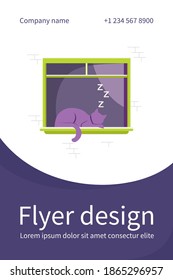 Schlafende Katze liegt auf dem Fenster. Haustier, Zuhause, Katze, flache Vektorgrafik. Haustiere und Entspannungskonzept für Banner, Website-Design oder Landing-Webseite