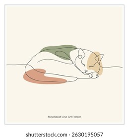 Sleeping Cat Minimalist Line Art Drawing. Cozy Home Decor Poster Vector Design